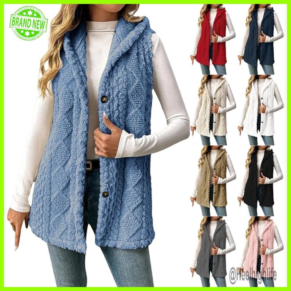 Women's Sherpa Fleece Hooded Vest Jacket Long Winter Warm Lightweight
